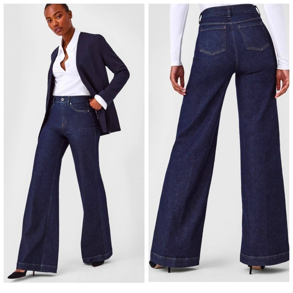 Spanx Flare Jeans Raw Indigo Dark Wash High Rise Pull On 21288R Large Regular - Picture 3 of 9
